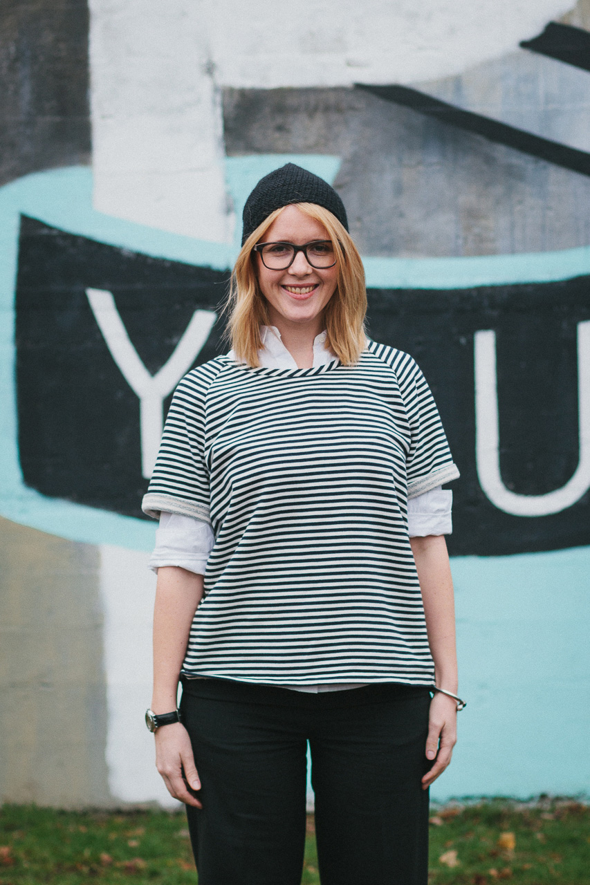 Krochet Kids Beanie, Everlane Poplin Shirt and Everlane Wide Leg Pants Look by Conscious by Chloé