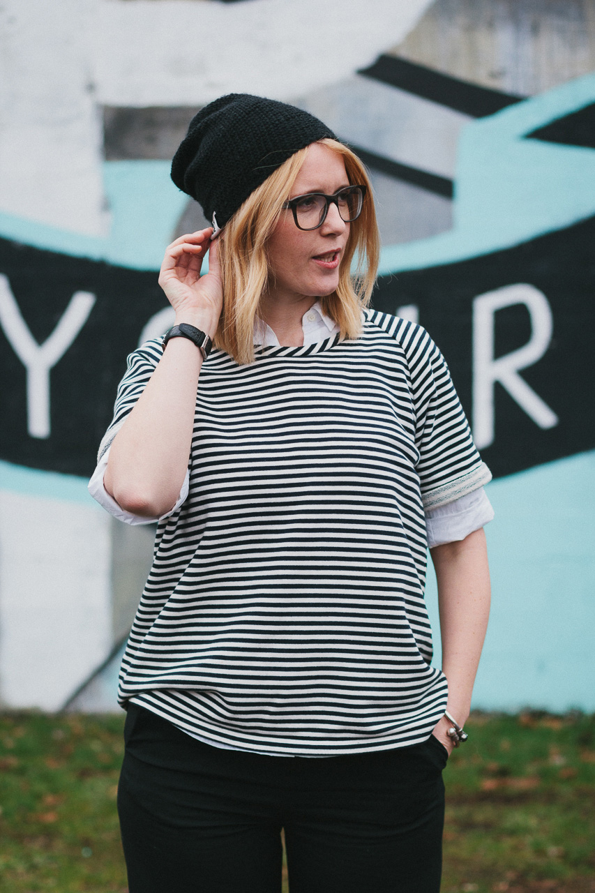 Krochet Kids Beanie, Everlane Poplin Shirt and Everlane Wide Leg Pants Look by Conscious by Chloé
