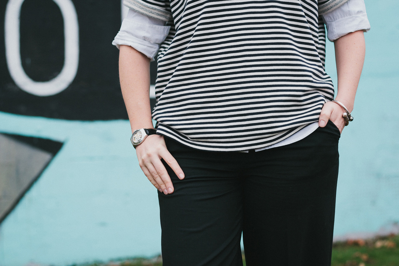Krochet Kids Beanie, Everlane Poplin Shirt and Everlane Wide Leg Pants Look by Conscious by Chloé