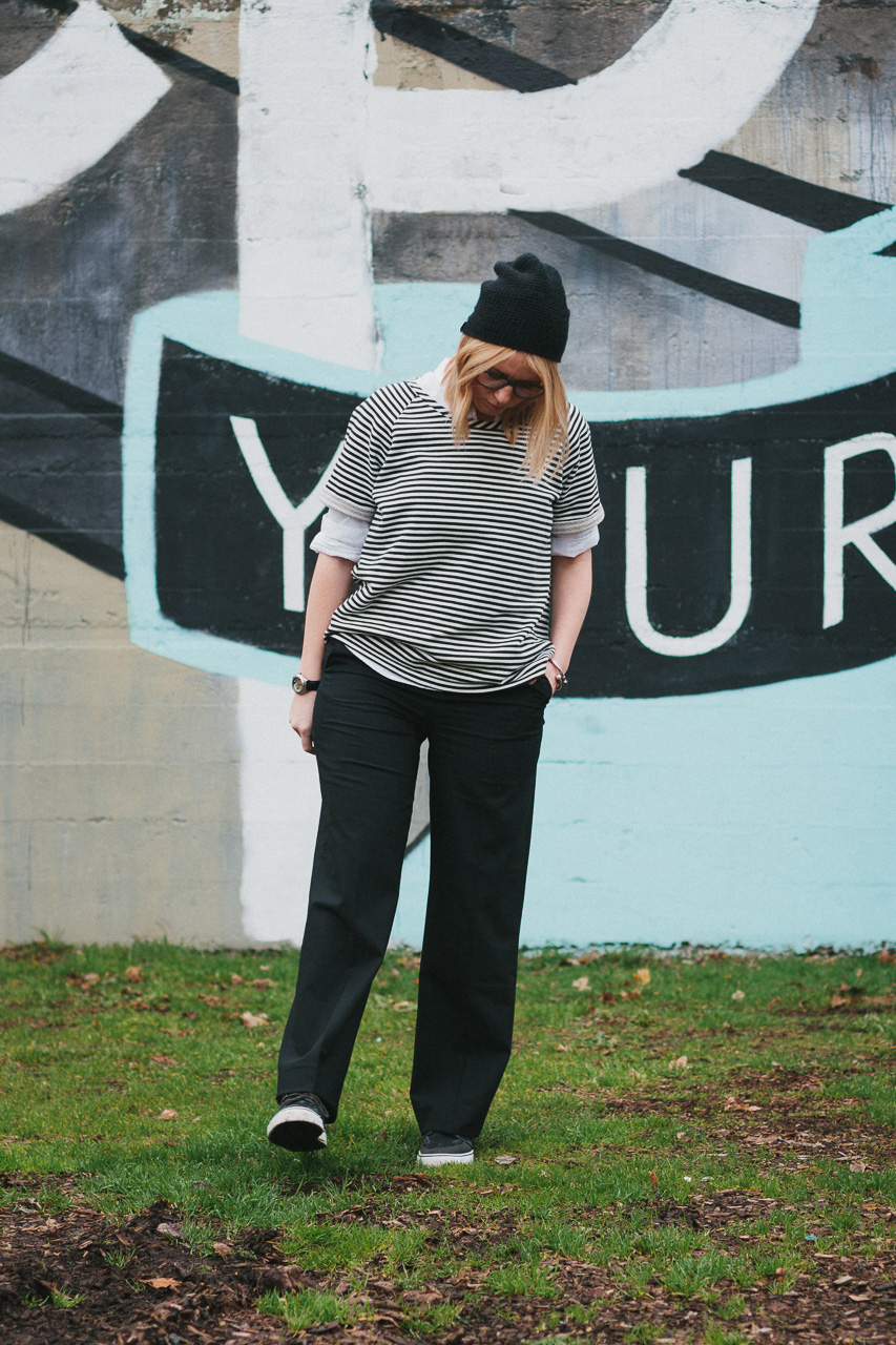 Krochet Kids Beanie, Everlane Poplin Shirt and Everlane Wide Leg Pants Look by Conscious by Chloé