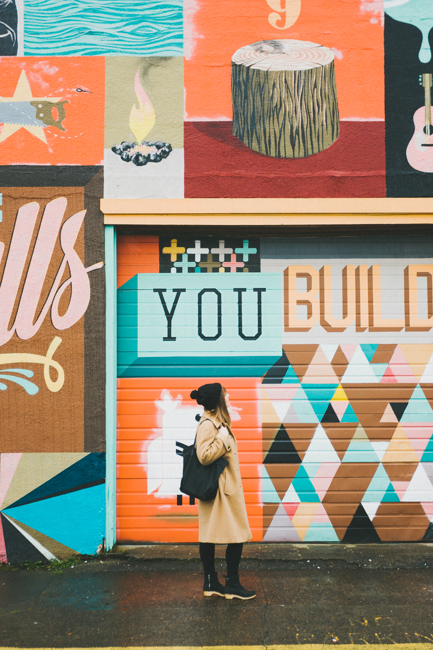 Vintage Ethical Look Shot in Front of a Portland Mural by Conscious by Chloé