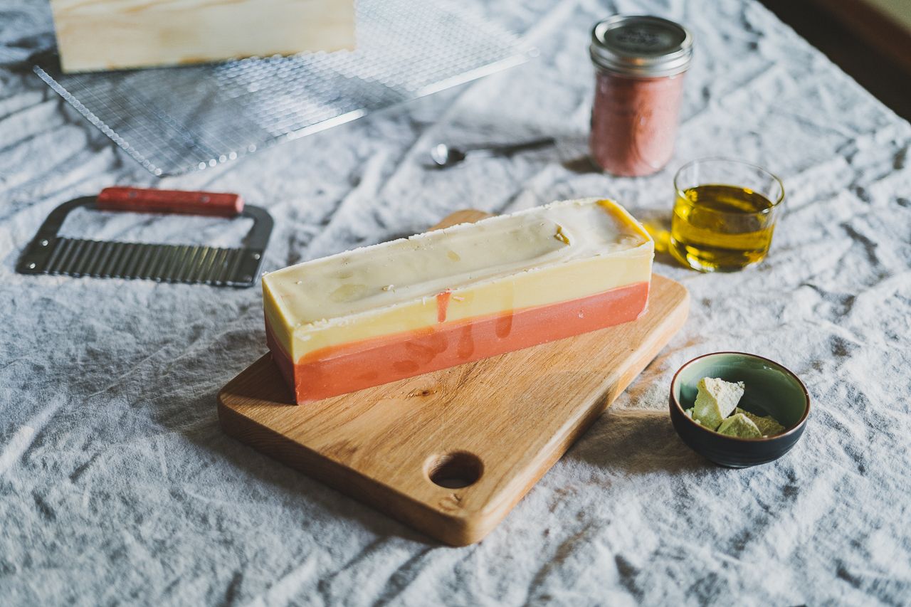 Natural Layered Cold Process Rose Coconut Oil and Cocoa Butter Two Color Soap Making by Conscious by Chloé