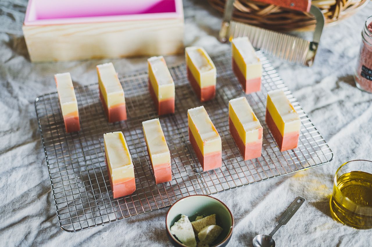 Natural Layered Cold Process Rose Coconut Oil and Cocoa Butter Two Color Soap Making by Conscious by Chloé