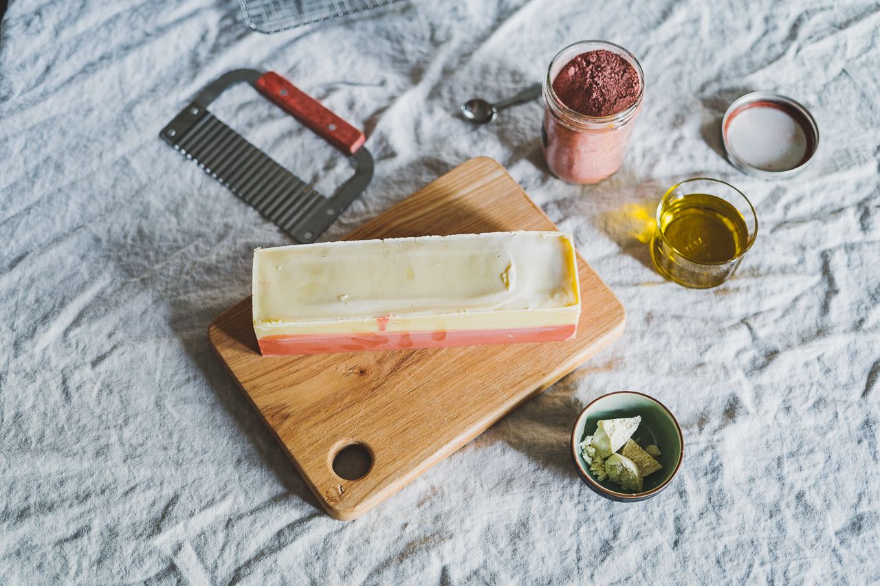 Natural Layered Cold Process Rose Coconut Oil and Cocoa Butter Two Color Soap Making by Conscious by Chloé