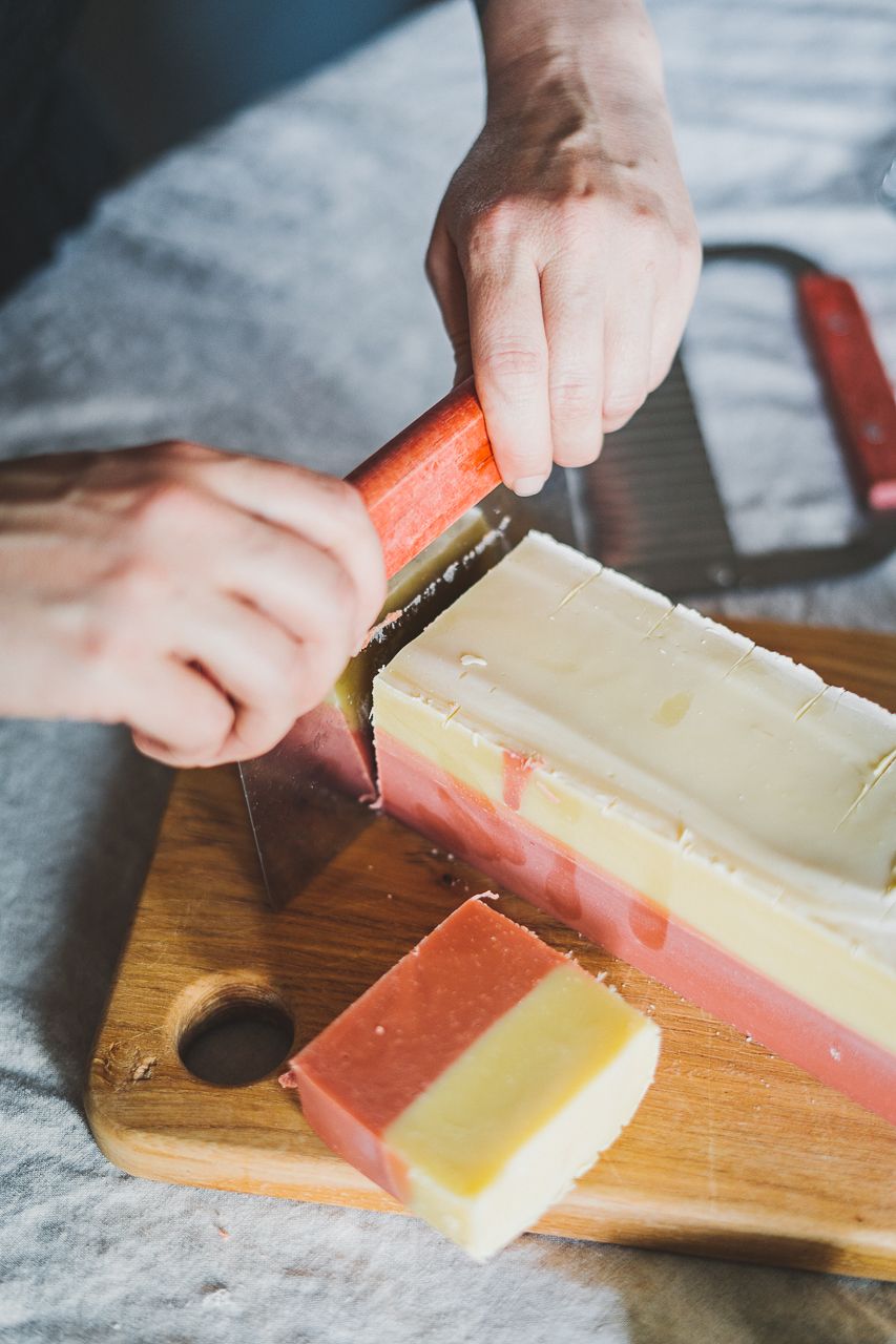 Natural Layered Cold Process Rose Coconut Oil and Cocoa Butter Two Color Soap Making by Conscious by Chloé