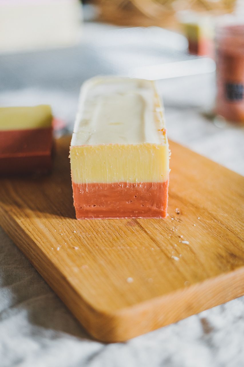Natural Layered Cold Process Rose Coconut Oil and Cocoa Butter Two Color Soap Making by Conscious by Chloé