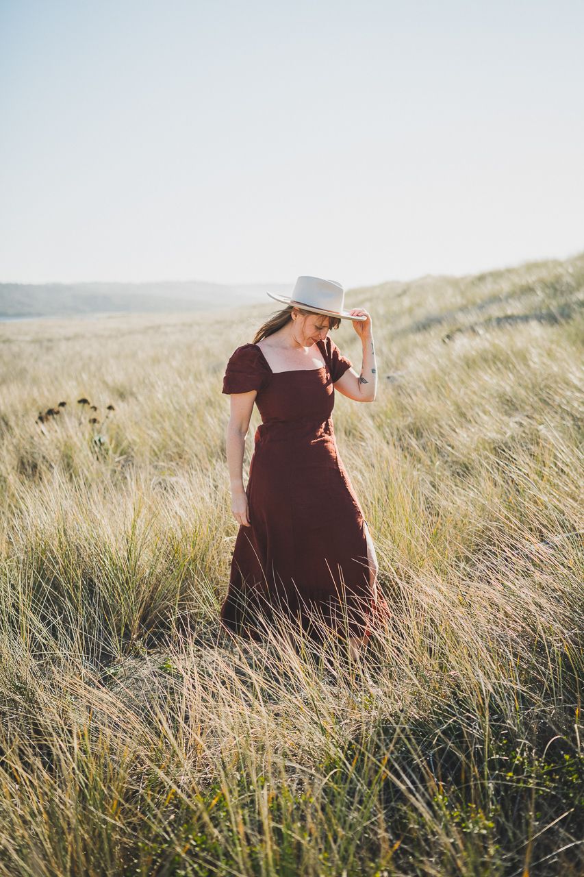 And Other Stories Linen Puff Sleeve Square Neck Split Front Midi Dress by Conscious by Chloé