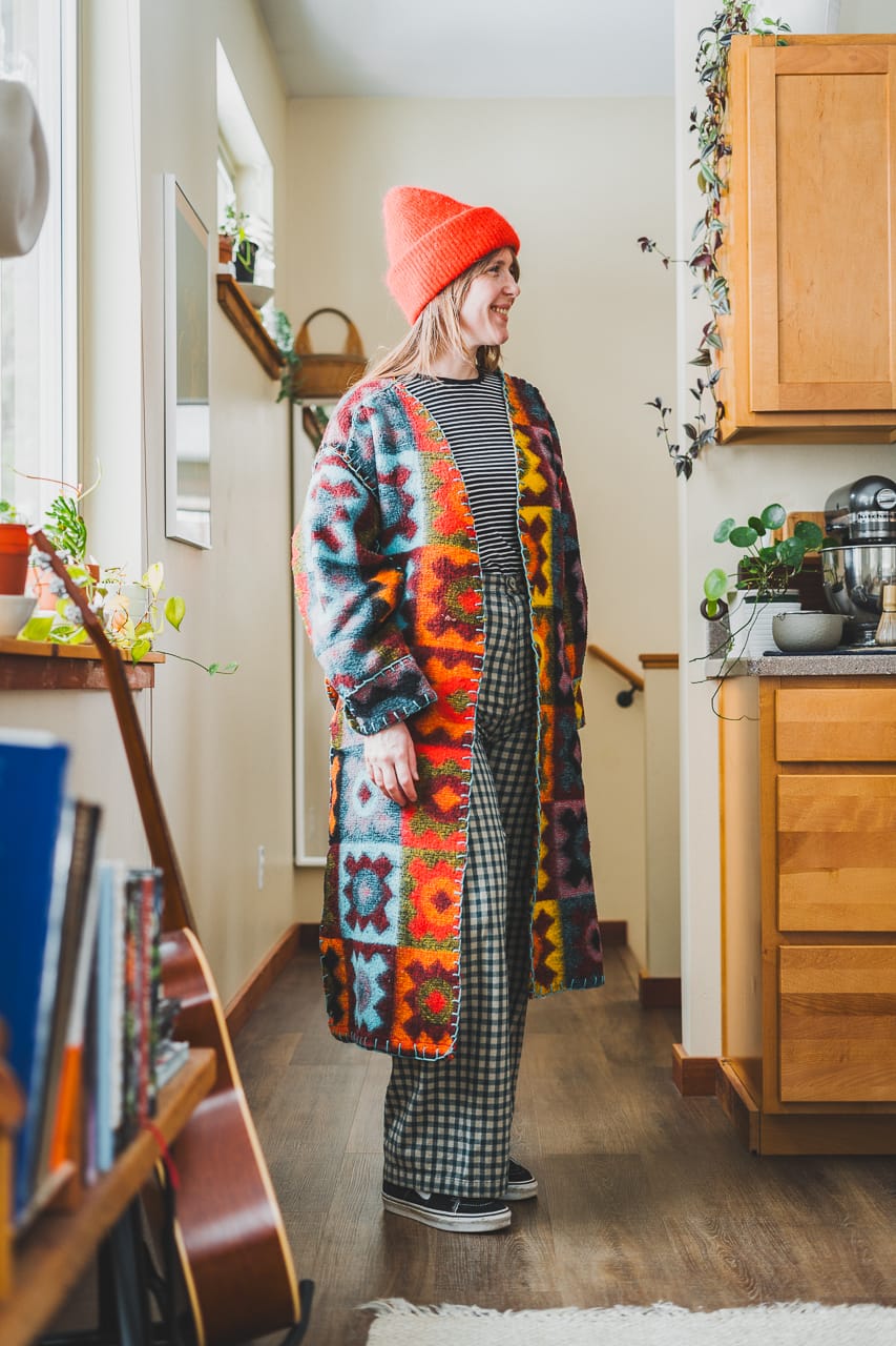 An Arin St8ment Blanket Coat Pattern Mixed Pattern Clash Gingham Pants Striped Tee by Conscious by Chloé
