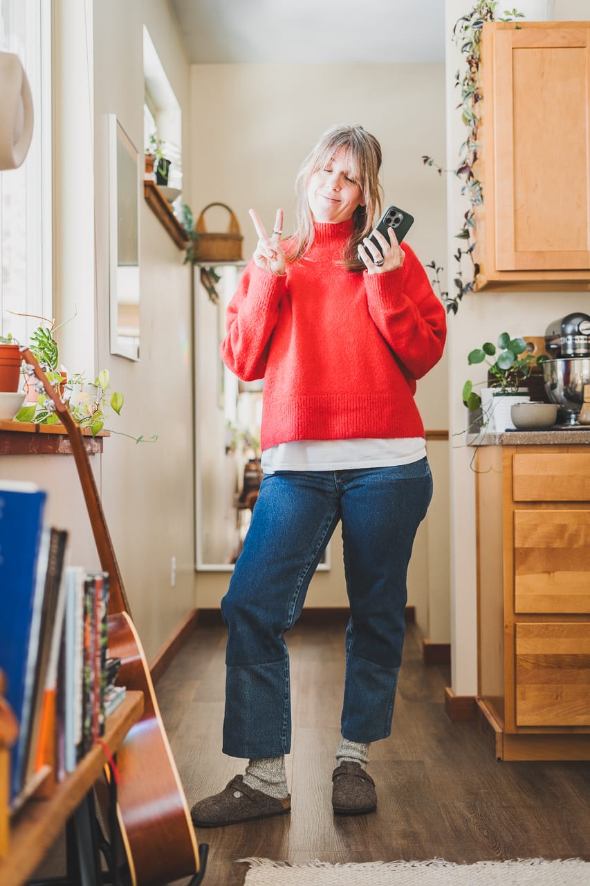 Red Sweater Rudy Jude inspired Utility Jeans Black Velvet Bow by Conscious by Chloé