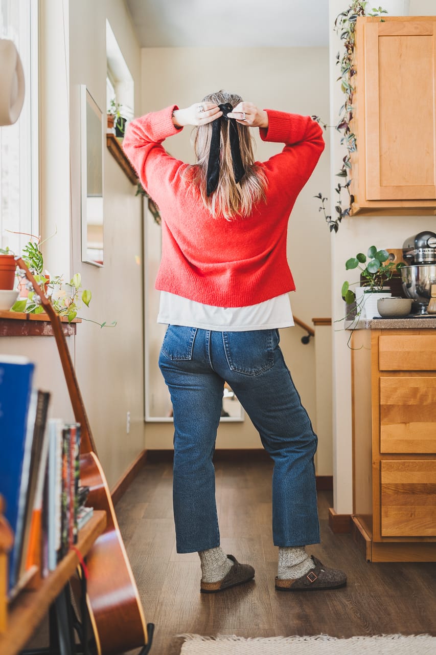 Red Sweater Rudy Jude inspired Utility Jeans Black Velvet Bow by Conscious by Chloé